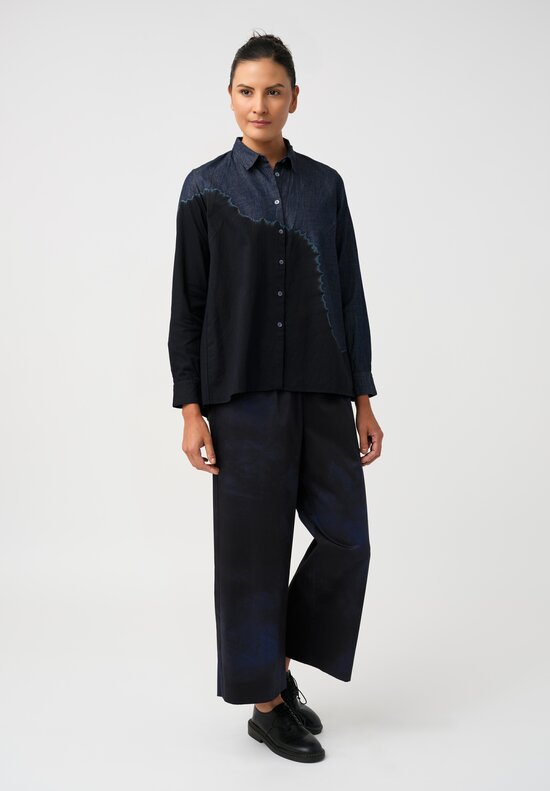 Suzusan Pima Cotton Denim Boushi Somewake Shibori Boa Shirt in Indigo Blue & Black