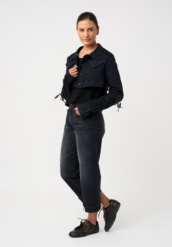 Rundholz DIP Dark Wash Cotton Denim Micro Jacket with Lace-Up Sleeve Detail