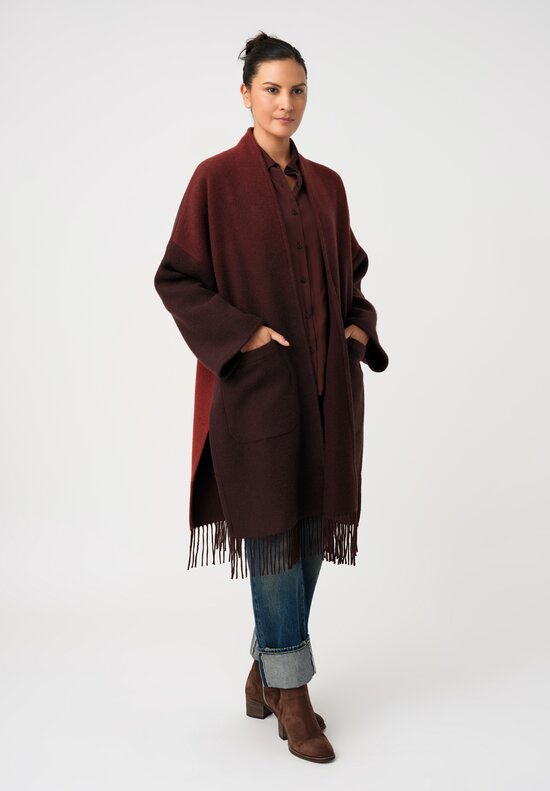 Alonpi Cashmere Fringed Open-Front Cardigan Coat in Scarlet Red & Burgundy Ombré