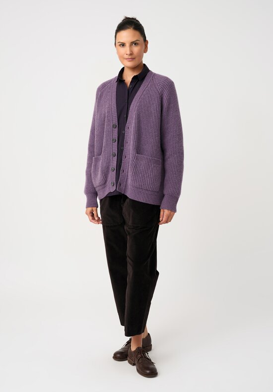 Bergfabel Cashmere Ribbed Knit Button-Down V-Neck Cardigan in Heather Purple