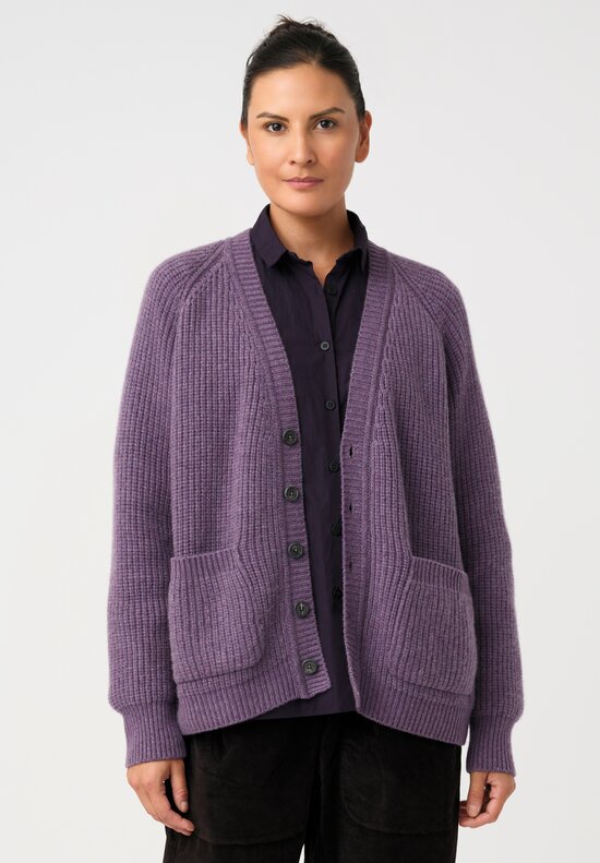 Bergfabel Cashmere Ribbed Knit Button-Down V-Neck Cardigan in Heather Purple