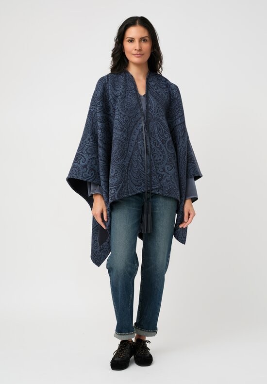 Etro Leather Tassel Cape in Pacific Blue Paisley