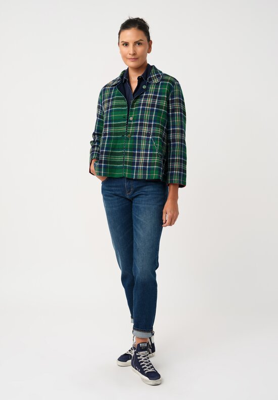 Péro Woven Plaid High Low Hem Jacket with French Knot Trim