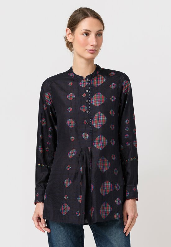 Péro Silk Resist-Dyed Two-Piece Micro-Pleat Top in Navy Blue & Tartan Shibori