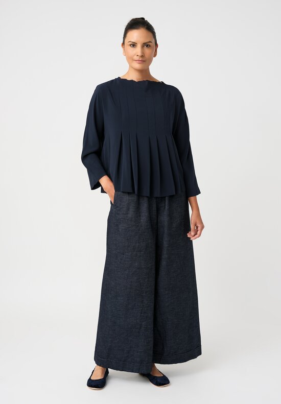 Daniela Gregis Cotton Twill Wide Leg High Waist Tasche Lungo Pants with Ankle Length Hemline in Dark Blue Denim Front View