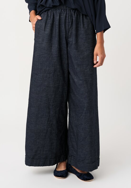Daniela Gregis Cotton Twill Wide Leg High Waist Tasche Lungo Pants with Ankle Length Hemline in Dark Blue Denim Crop Front View