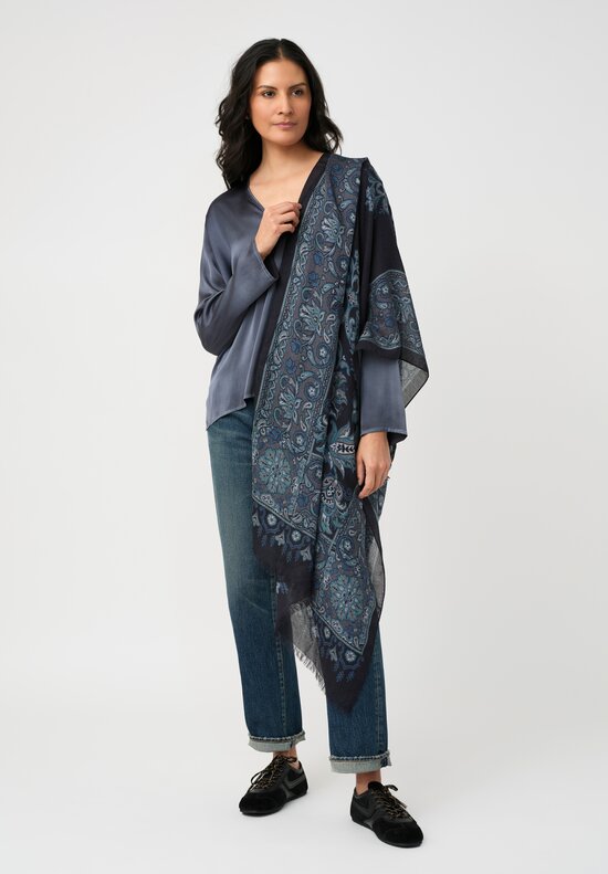 Etro Sheer Scarf in Black & Blue Framed Botanical Print