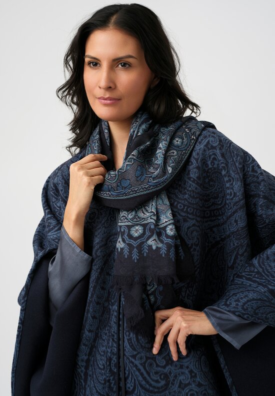 Etro Sheer Scarf in Black & Blue Framed Botanical Print