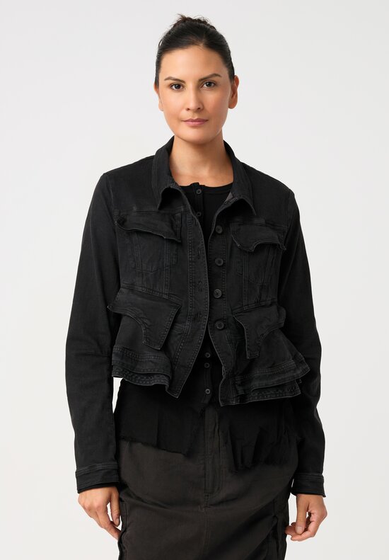 Rundholz Cotton Denim Ruffled Peplum Flap Pocket Cropped Point Collar Button-Down Jacket in Washed Black
