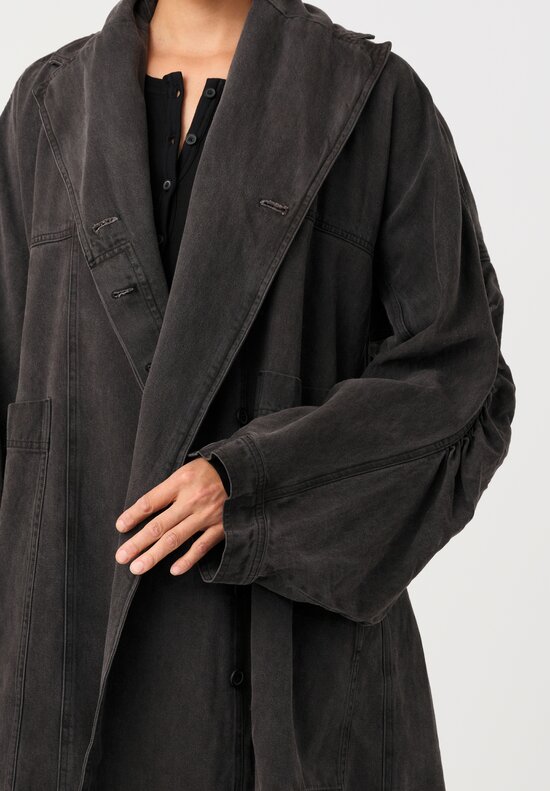 Rundholz Cotton Denim Oversized Dual-Entry Patch Pocket Cruved Sleeves Button-Down Coat in Washed Grey Black
