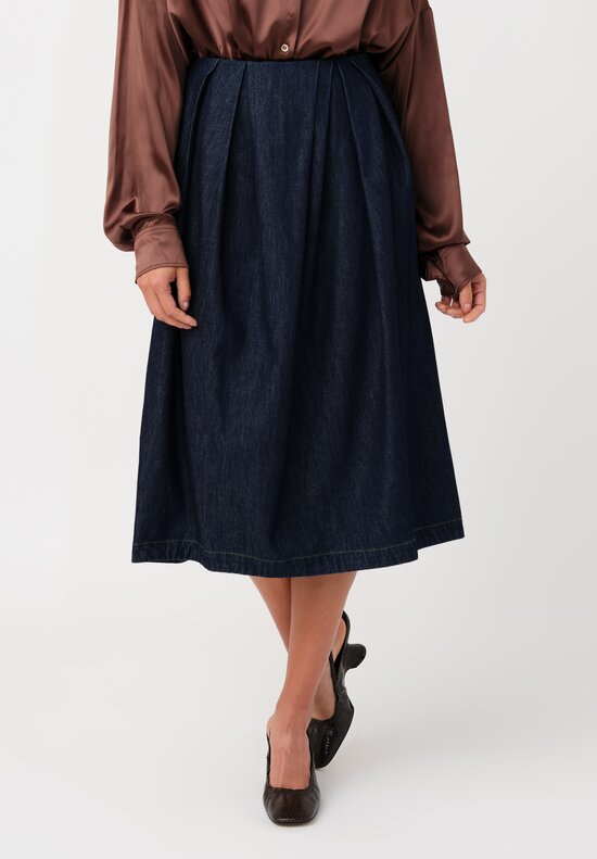 Dries Van Noten Cotton Denim Pleated Sonista Skirt in Indigo Blue