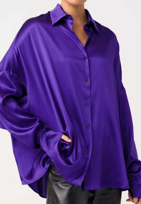 Dries Van Noten Stretch Silk Point Collar Button-Down Casia Top in Amethyst Purple