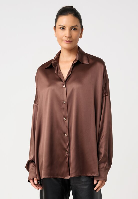Dries Van Noten Stretch Silk Point Collar Button-Down Casia Top in Polished Bronze Brown