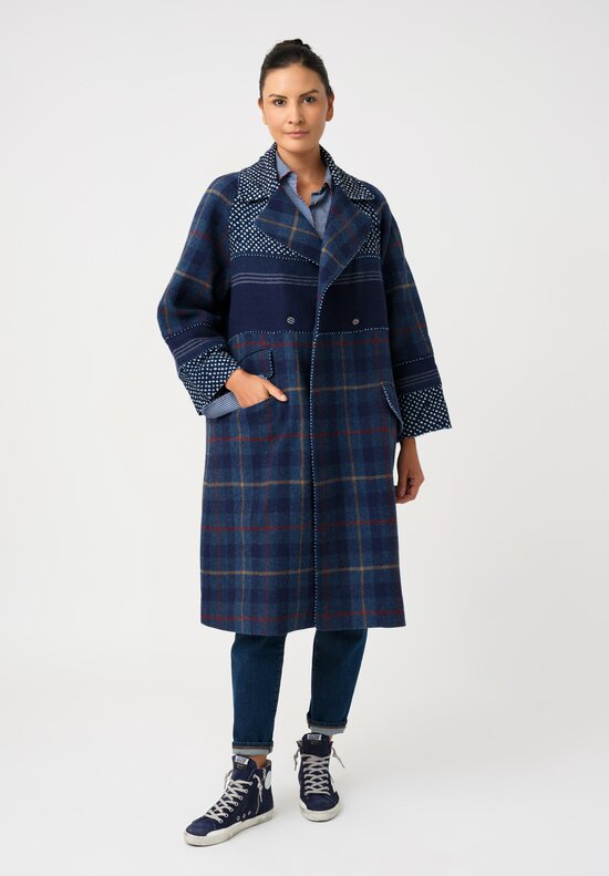Péro Hand-Knotted Resist-Dyed Ticket Pocket Raglan Coat in Navy Blue Shibori & Plaid