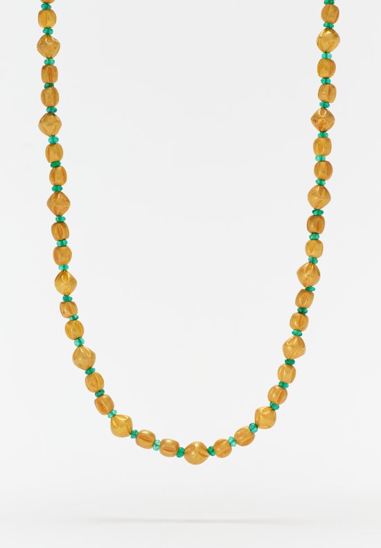 Greig Porter 18K Ridged & Star Cut Rounds & Emerald Rings Beaded Necklace 18.5
