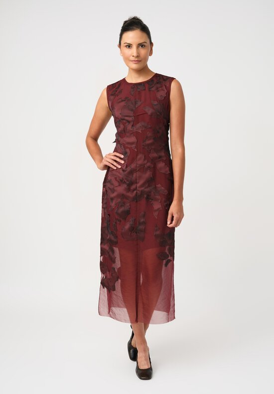 Jason Wu Textured Organza Appliqué Leaves Pattern Sheath Dress in Garnet Red