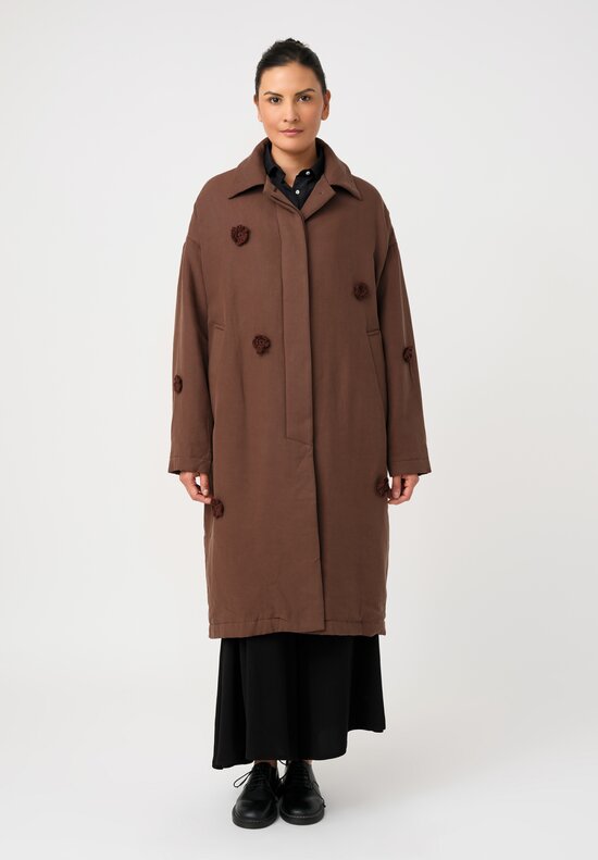 Song for the Mute Oversized Coat with Flower Crochet Embellished Pattern in Brown