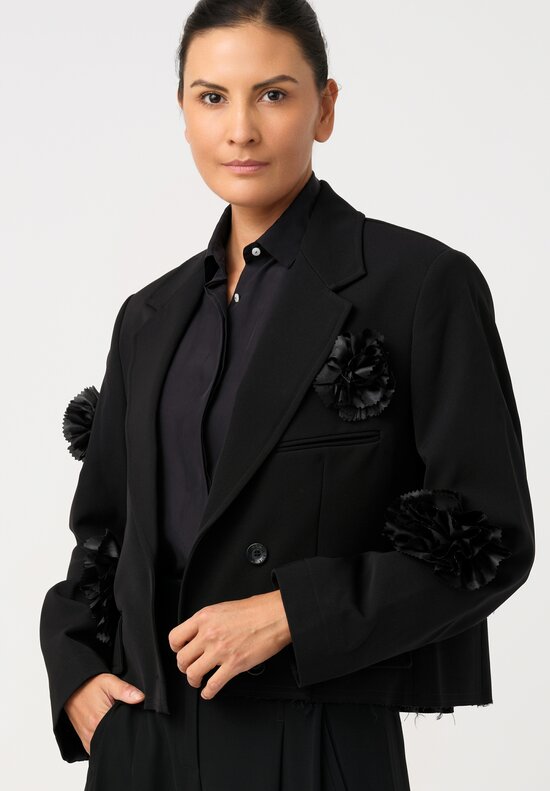 Song for the Mute Cropped Blazer with Rosette Flower Appliqué Embellished Pattern in Raw Edge Hemline in Black