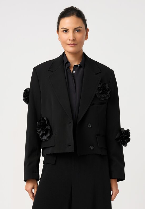 Song for the Mute Cropped Blazer with Rosette Flower Appliqué Embellished Pattern in Raw Edge Hemline in Black