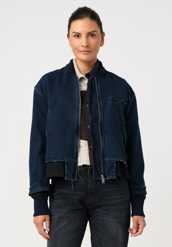 Song for the Mute Cotton Denim Deconstructed Bomber Jacket in Prussian Indigo Blue