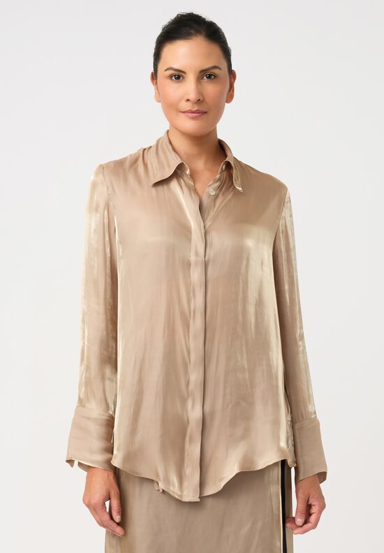 Song For The Mute Iridescent Concealed Button-Down Top in Champagne Gold