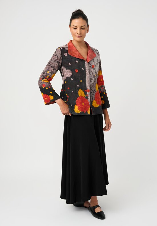 Mieko Mintz Reversible Vintage Cotton Kantha Button-Down Jacket in Black Botanics and Mauve & Coral Glow