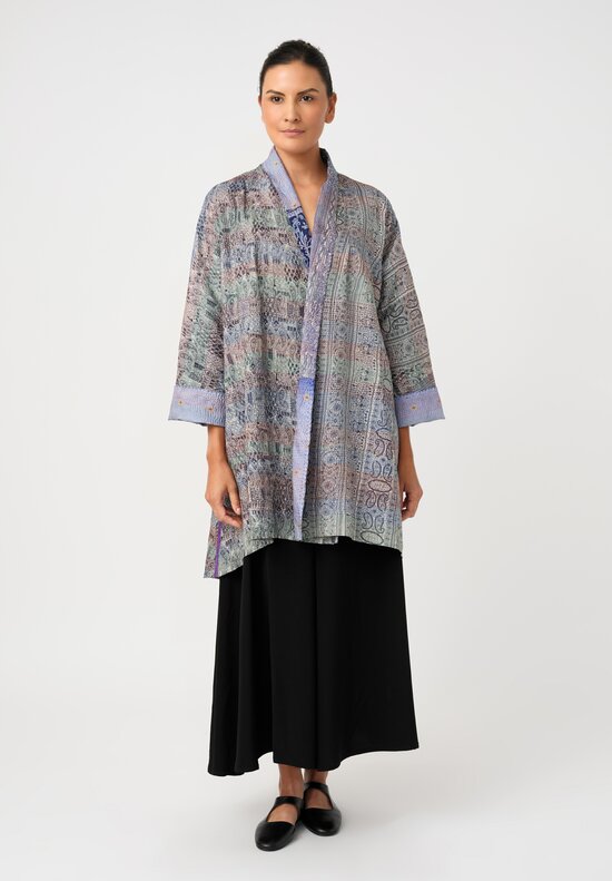 Mieko Mintz Vintage Silk Kantha Kimono Coat in Celestial Blue Paisley and Reversible Electric Blue Gradient