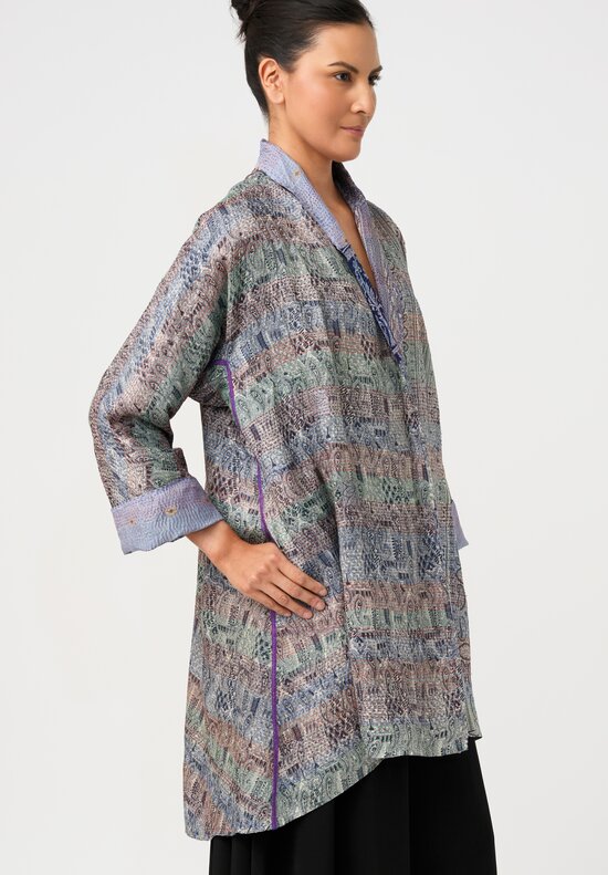 Mieko Mintz Vintage Silk Kantha Kimono Coat in Celestial Blue Paisley and Reversible Electric Blue Gradient