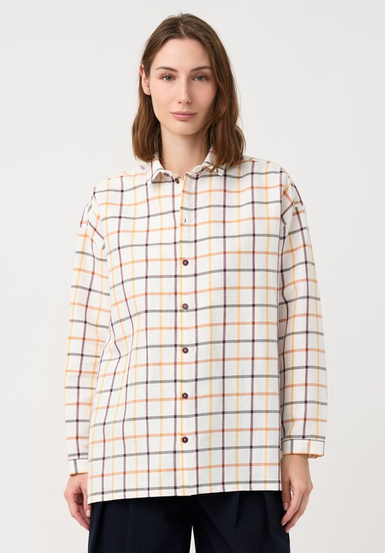 Toogood Linen Seersucker Tattersall Draughtsman Shirt in White & Burgundy Red