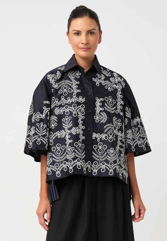 Biyan Cotton Taffeta Wildflower Embroidered Pleated Sleeve Jetea Shirt
