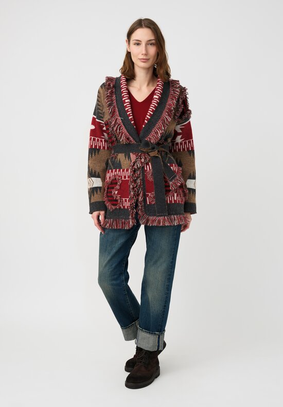 Alanui Fil Coupé Jacquard Grunge Anthem Cardigan Iron Grey & Red	
