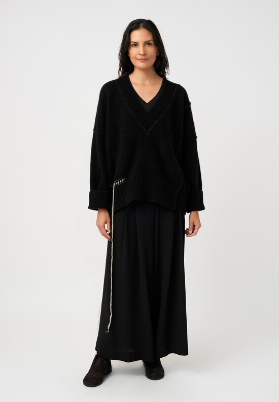 Isabel Benenato Stretch Yak Cutout Sweater in Black & Cream Stitches