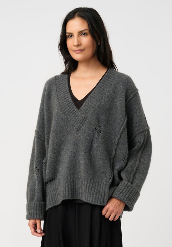 Isabel Benenato Stretch Yak Cutout Sweater in Stone Gray & Black Stitches