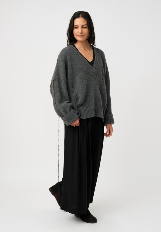 Isabel Benenato Stretch Yak Cutout Sweater in Stone Gray & Black Stitches