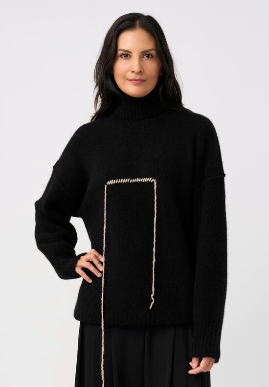 Isabel Benenato Stretch Yak Strung Along Turtleneck Sweater in Black & Cream	