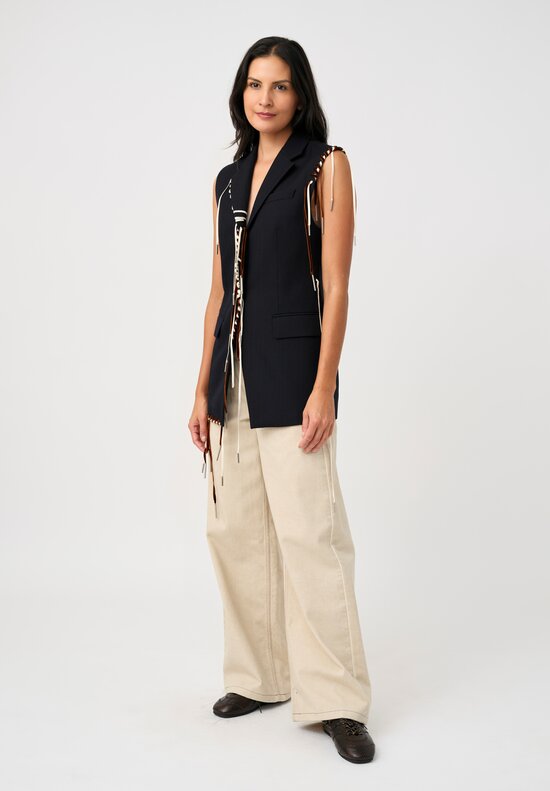 Dries Van Noten Thermal Twill Bimbila Blazer Vest in Navy Blue with Brown Velvet & White Lace