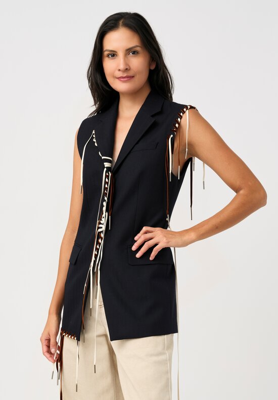 Dries Van Noten Thermal Twill Bimbila Blazer Vest in Navy Blue with Brown Velvet & White Lace