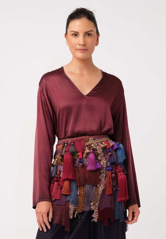 Dries Van Noten Tasseled Cloqué Gabrina Belted Mini Wrap Skirt in Burgundy Purple