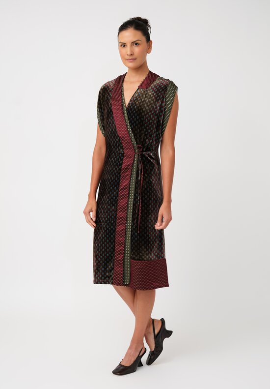 Dries Van Noten Velvet Patterned Dematia Wrap Dress in Khaki Green & Mahogany