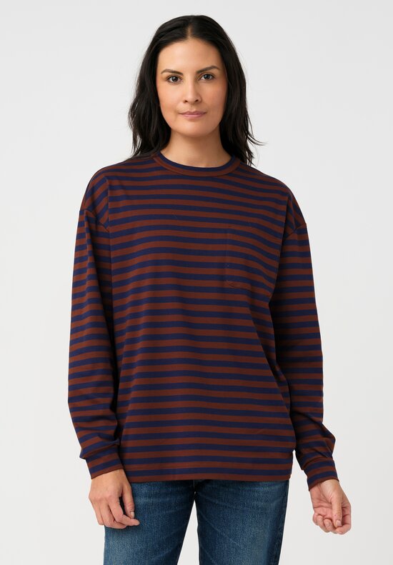 Plan C Cotton Long Sleeve T-Shirt in Cocoa Brown & Navy Blue Stripes