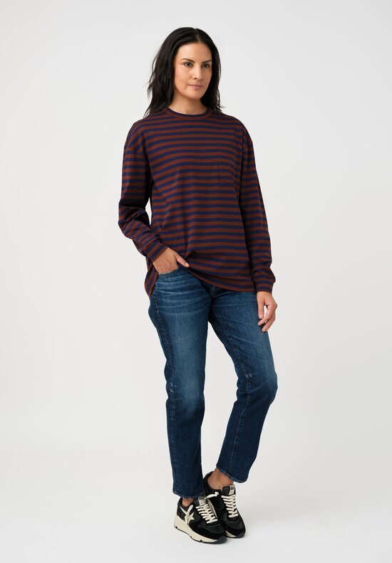 Plan C Cotton Long Sleeve T-Shirt in Cocoa Brown & Navy Blue Stripes