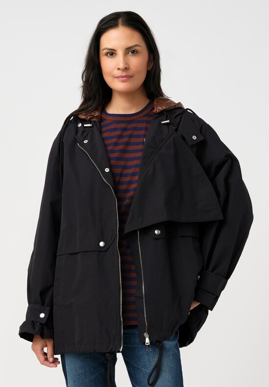 Plan C Water-Repellent Double Hooded Zip Up Anorak Coat in Black