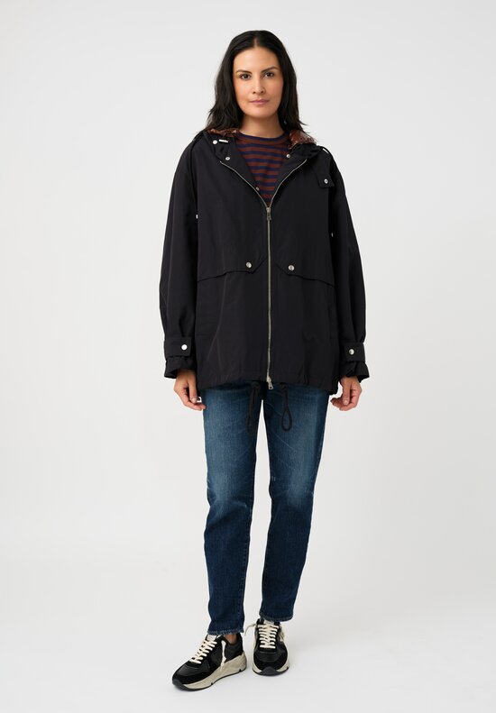 Plan C Water-Repellent Double Hooded Zip Up Anorak Coat in Black