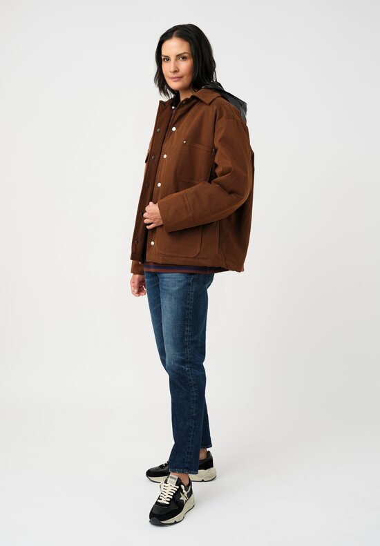 Plan C Cotton Twill Cargo Jacket with Detachable Hood in Coffee Brown