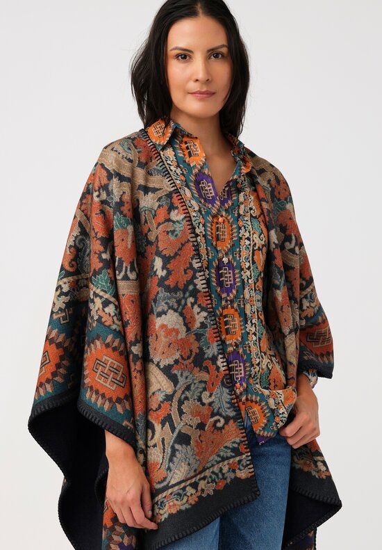 Pierre-Louis Mascia Silk Aloe Long Sleeve Button-Down Top in Orange Nomadic & Baroque Tapestry Print