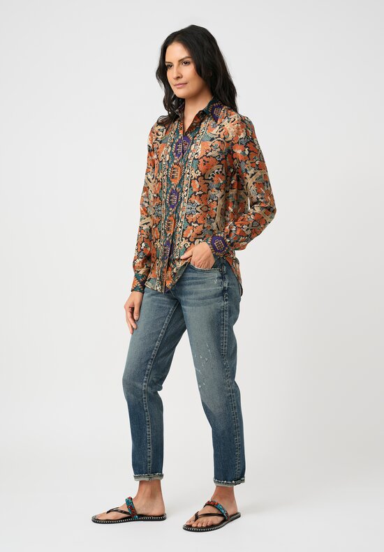 Pierre-Louis Mascia Silk Aloe Long Sleeve Button-Down Top in Orange Nomadic & Baroque Tapestry Print