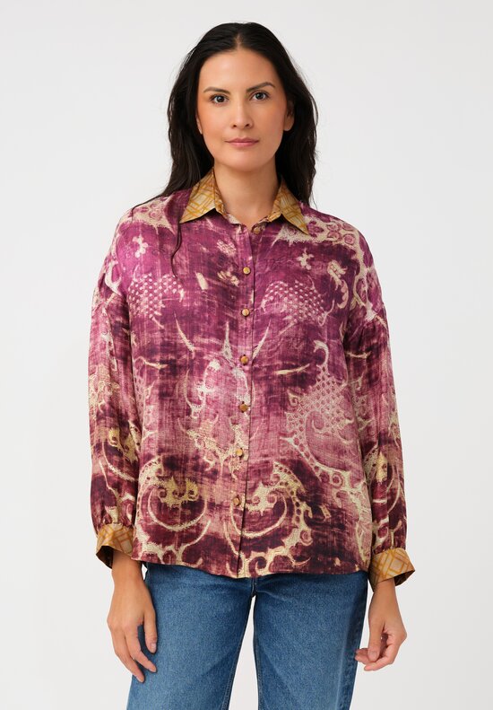 Pierre Louis Mascia Silk Aloe Button-Down Top in Antique Magenta Purple Patina