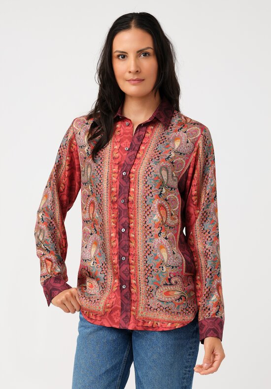 Pierre-Louis Mascia Silk Aloe Long Sleeve Button-Down Top in Paisley, Red & Burgundy Diamonds