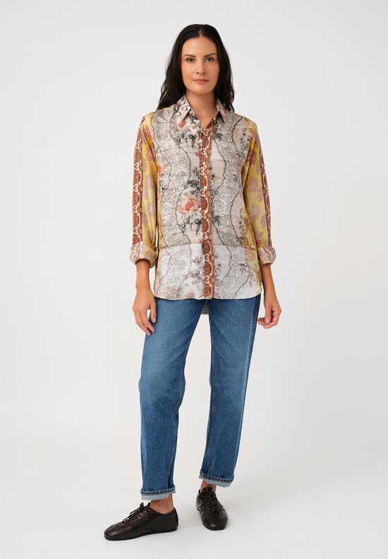Pierre-Louis Mascia Silk Aloe Long Sleeve Button-Down Top in Yellow Gold Baroque Blooms