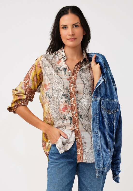 Pierre-Louis Mascia Silk Aloe Long Sleeve Button-Down Top in Yellow Gold Baroque Blooms